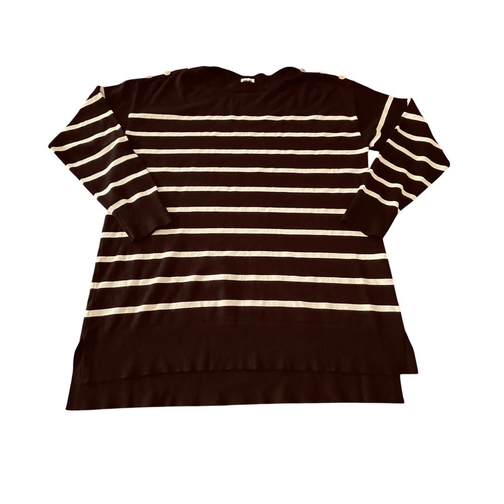 Anne Klein Black White Striped Tunic Sweater Gold Shoulder Buttons Medium